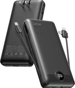 VRURC Portable Charger 20000mAh, Fast Charging Power Bank USB C,4 Output 2 Input Travel Essentials Charging Bank Equipped with LED Display,Built-in Wall Plug and Cables,Phone Charger Battery,Black
